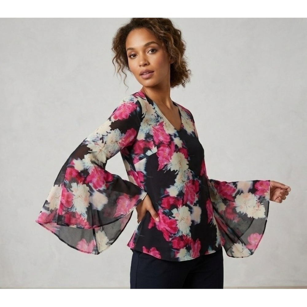 Jennifer Lopez JLO Floral Chiffon V-Neck Bell Sleeve Blouse Top Black Pink M